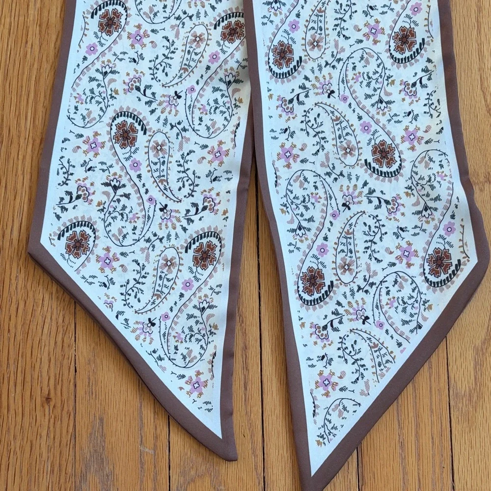 Paisley Skinny Scarf Brown Cream Floral Neck Hair Bag Ribbon Tie